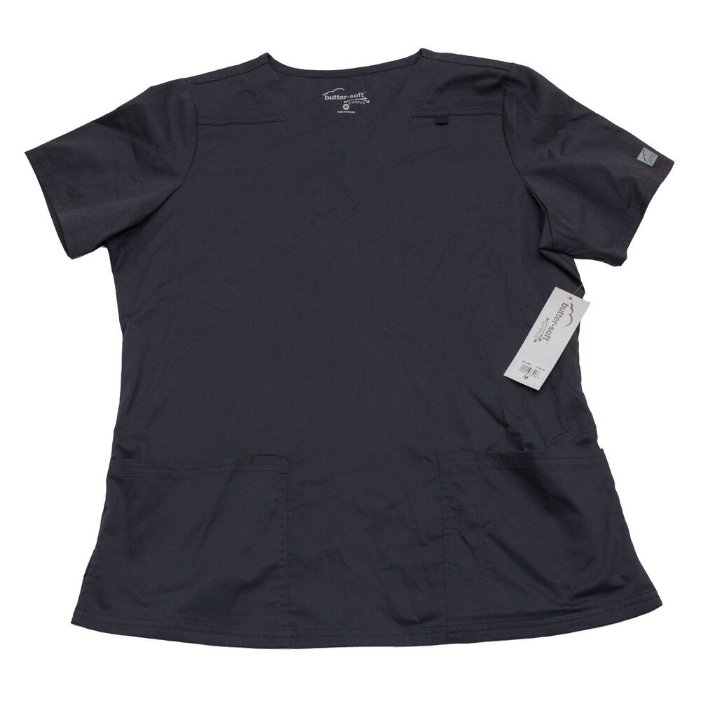 Butter-Soft Stretch Scrub Top Womens Medium Pewter Gray V Neck Medical Uniform